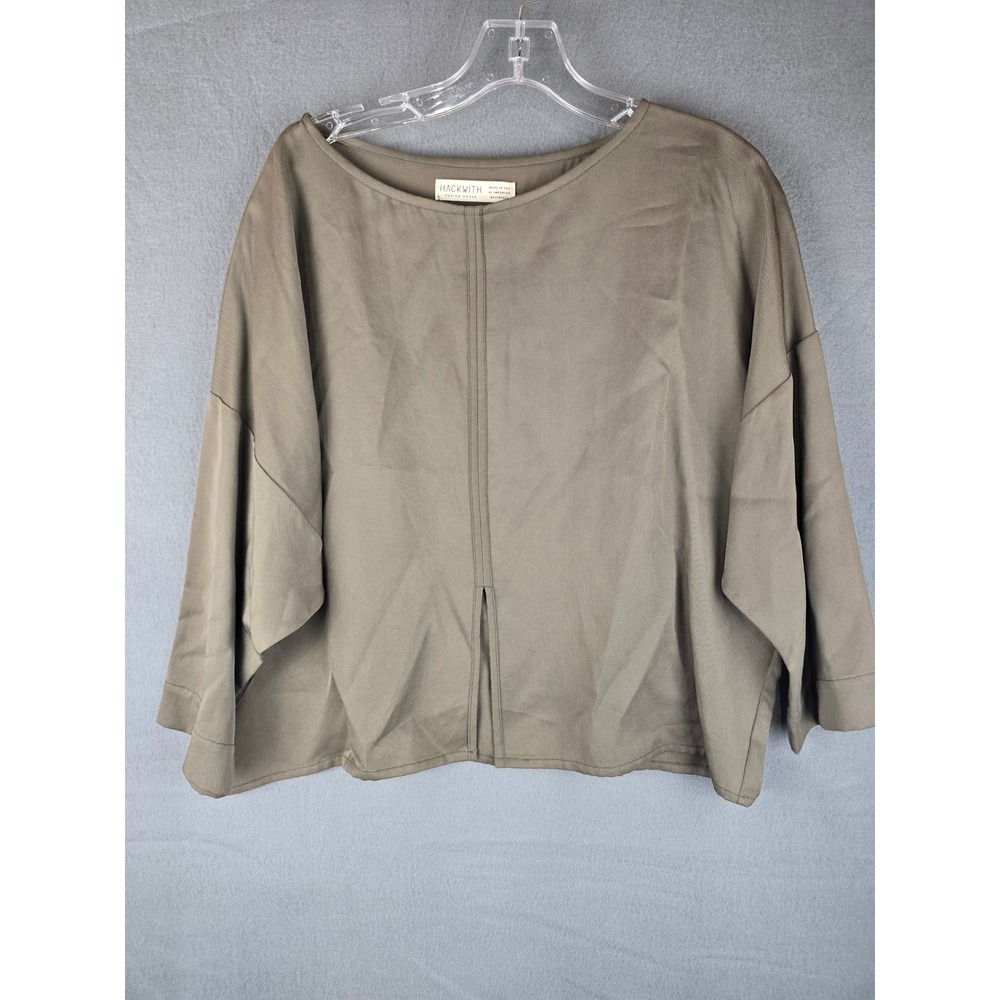 Hackwith Design House Oversized Blouse Top Front Slit Olive Khaki Boatneck M/L